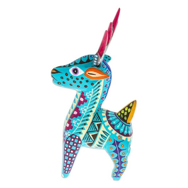 Alternate image for Copal Wood Alebrije Deer Figurine Painted in Turquoise Hues Charming Turquoise Deer