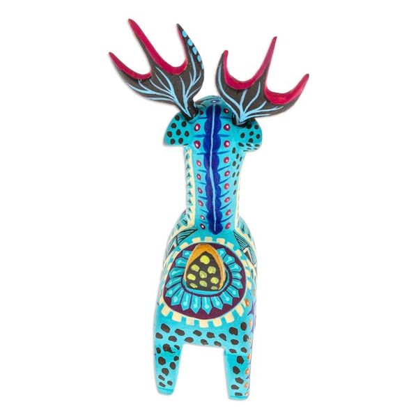 Alternate image for Copal Wood Alebrije Deer Figurine Painted in Turquoise Hues Charming Turquoise Deer