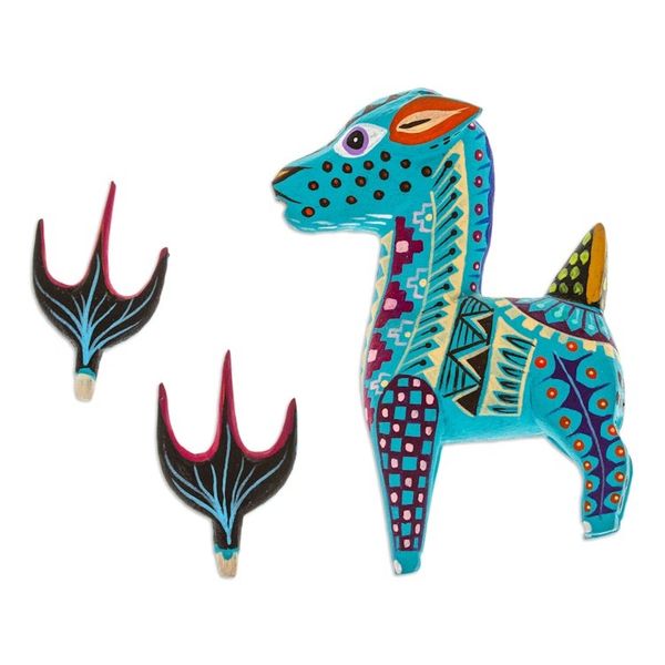 Alternate image for Copal Wood Alebrije Deer Figurine Painted in Turquoise Hues Charming Turquoise Deer