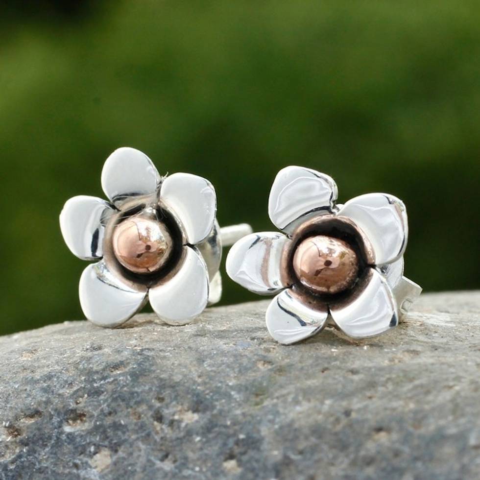 Hand Made Floral Fine Silver Button Earrings from Mexico 'Taxco Wildflower'