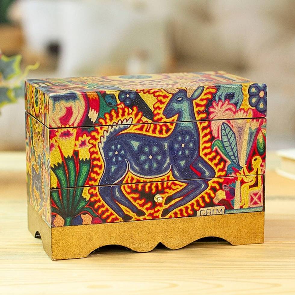 Huichol Deer on Decoupage Wood Jewelry Box 'Kawuyumaire Guardian'