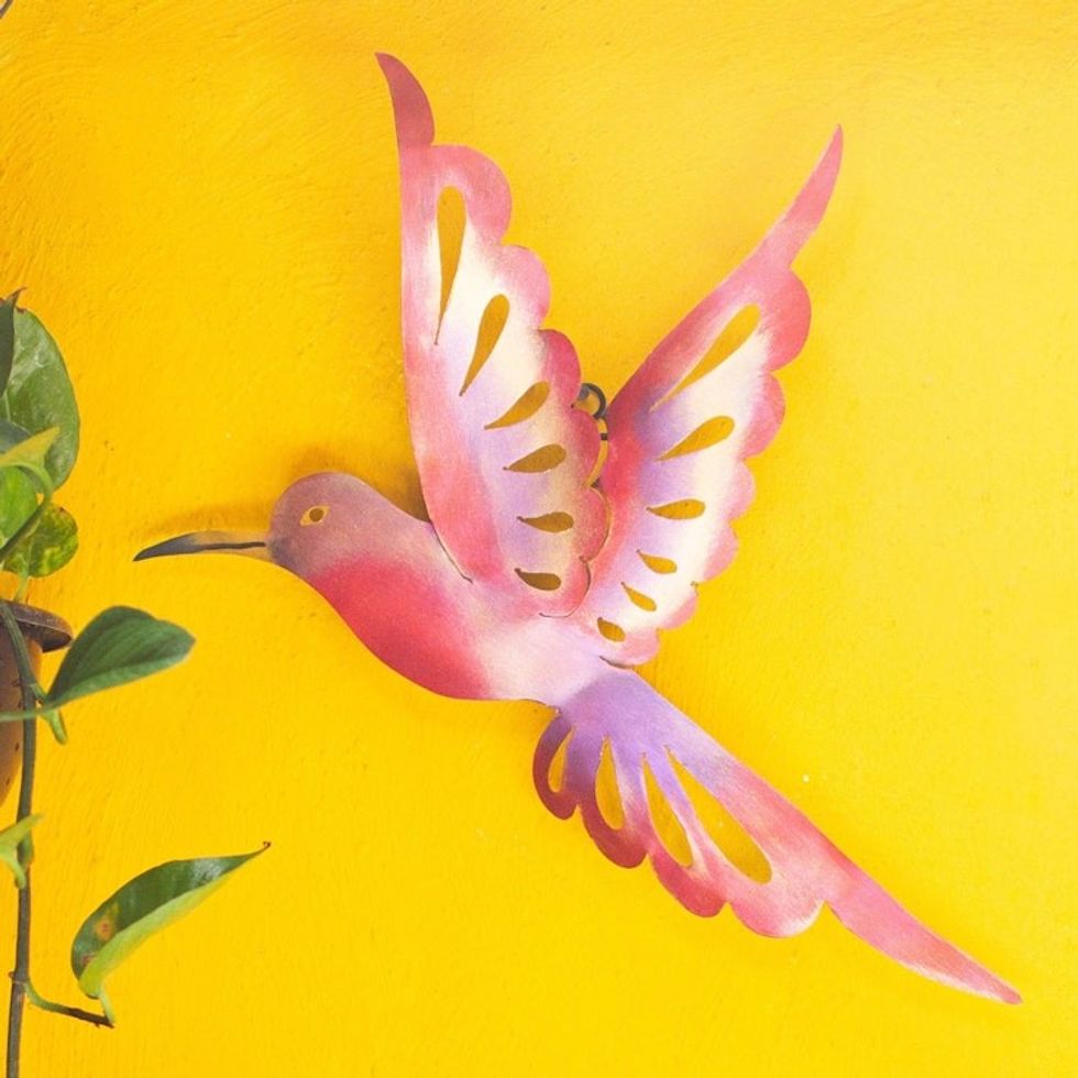 Bird-Themed Steel Wall Sculpture in Pink from Mexico Large 'Violet Hummingbird'