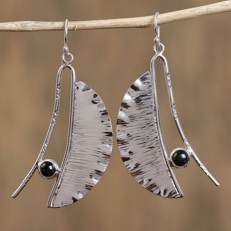 Modern Taxco Obsidian Dangle Earrings from Mexico 'Modern Windy Leaves'