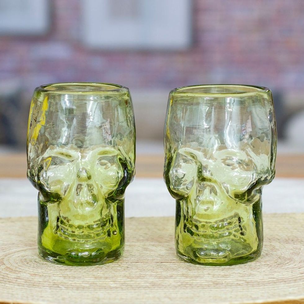 Two Handblown Recycled Glass Skull Tumblers in Lime Green 'Green Mexican Skull'
