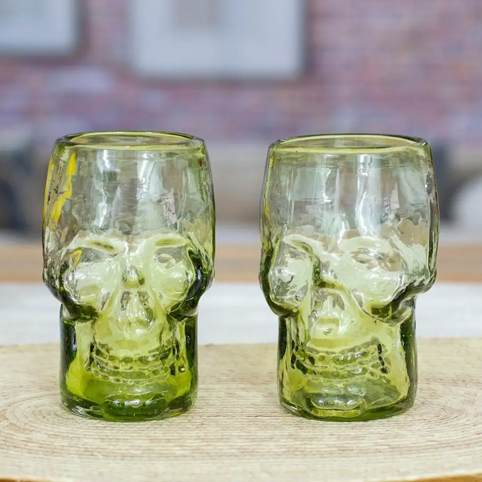 Two Handblown Recycled Glass Skull Tumblers in Lime Green 'Green Mexican Skull'