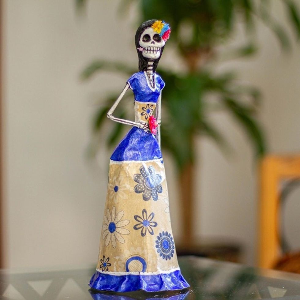 Unique Papier Mache Catrina Statuette with Flower 'Catrina with Flower'