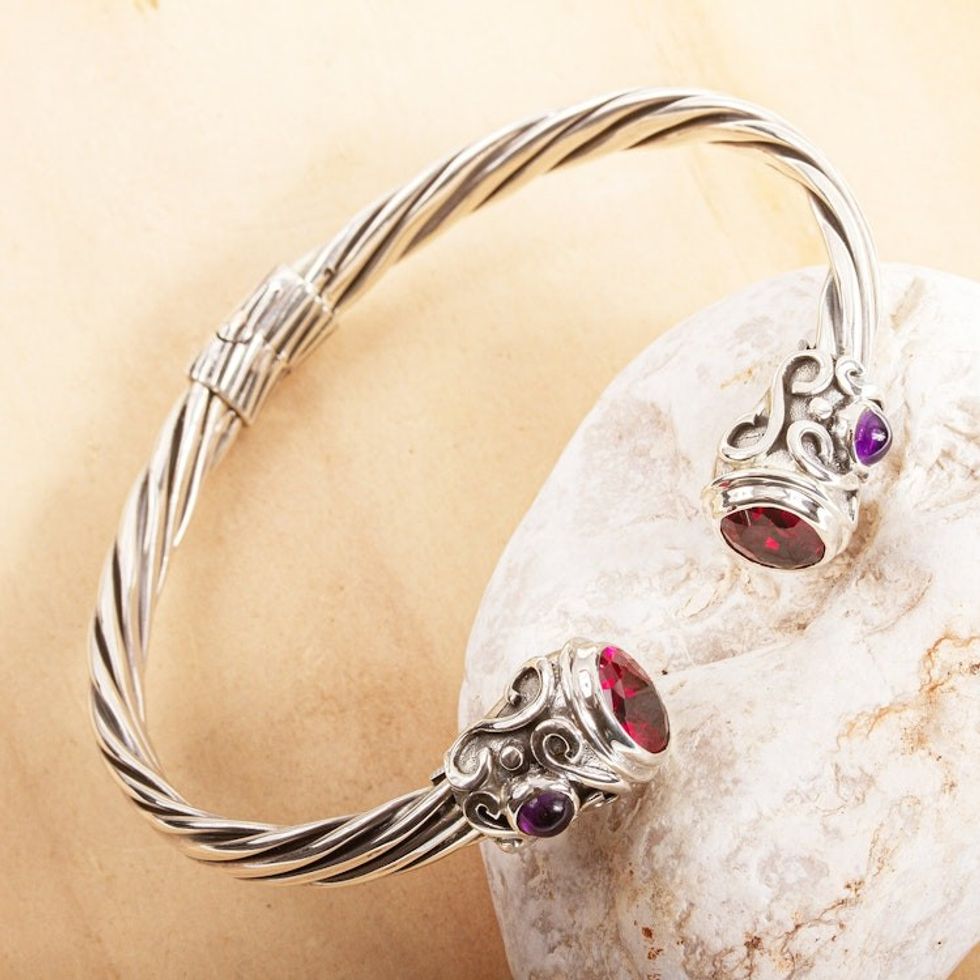 Silver Cuff Bracelet with Garnet and Amethyst 'Light from Within'