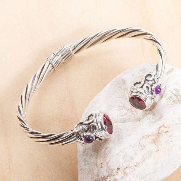 Alternate image for Silver Cuff Bracelet with Garnet and Amethyst Light from Within