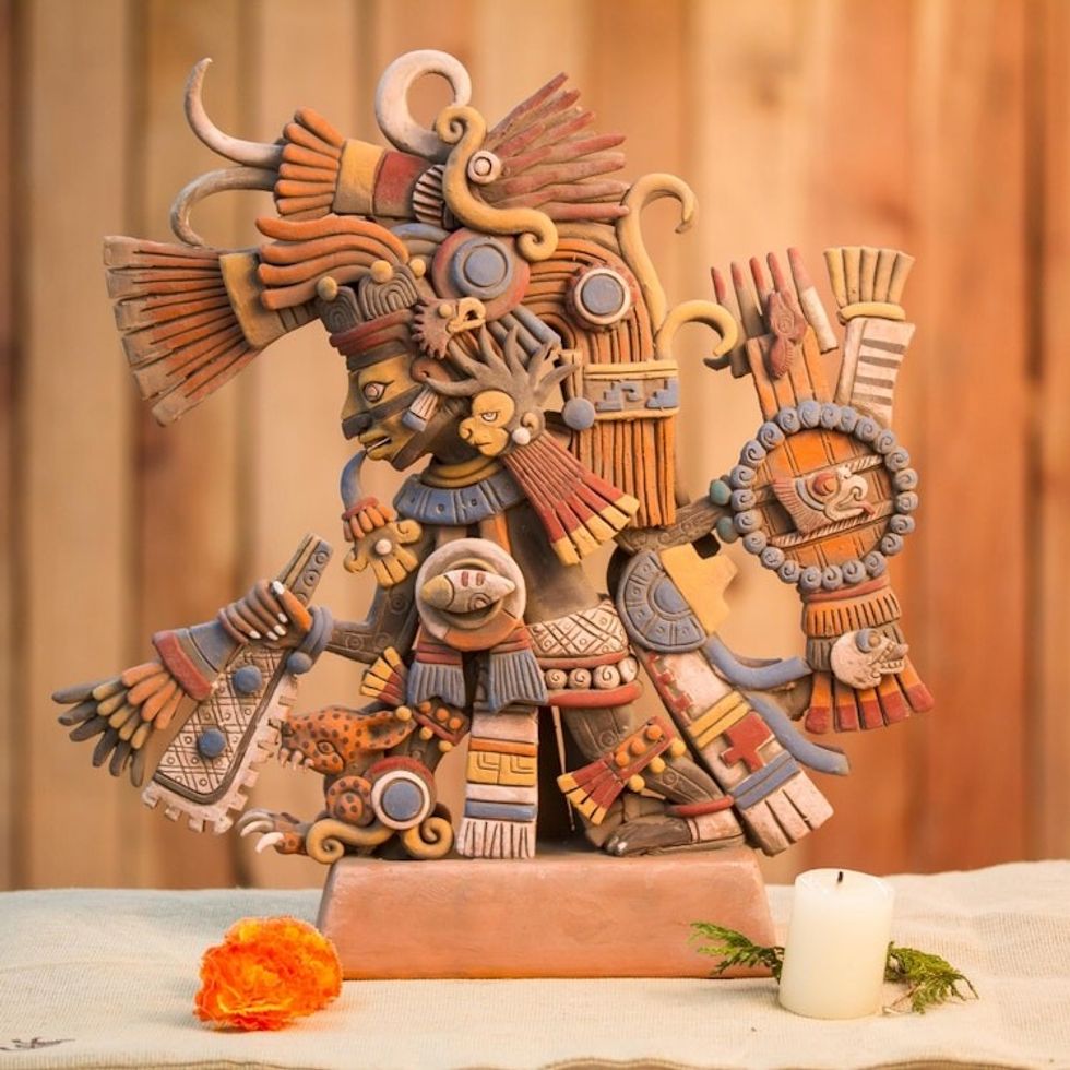 Signed Ceramic Sculpture of the Aztec Deity Tezcatlipoca 'Aztec God Tezcatlipoca'