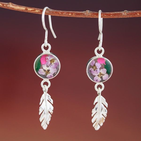 Alternate image for Sterling Silver and Dried Flower Dangle Earrings from Mexico Anahuac Purple