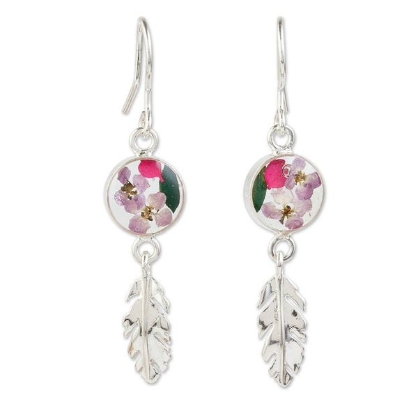 Alternate image for Sterling Silver and Dried Flower Dangle Earrings from Mexico Anahuac Purple