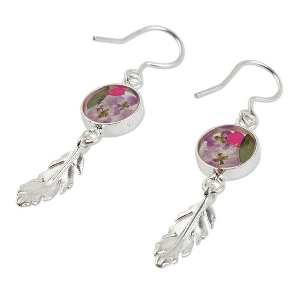 Alternate image for Sterling Silver and Dried Flower Dangle Earrings from Mexico Anahuac Purple