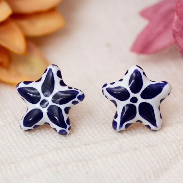 Alternate image for Mexican-Made Talavera-Inspired Star Ceramic Button Earrings Talavera Constellation
