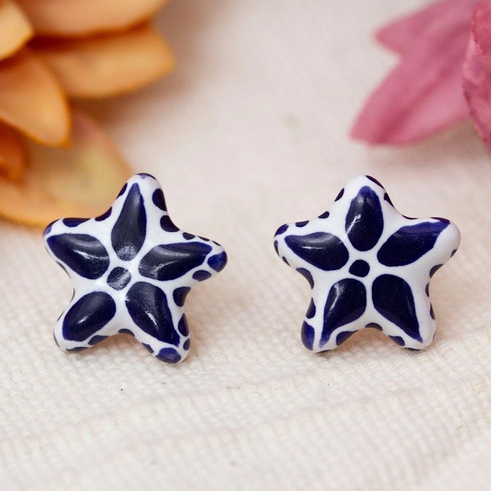 Mexican-Made Talavera-Inspired Star Ceramic Button Earrings 'Talavera Constellation'