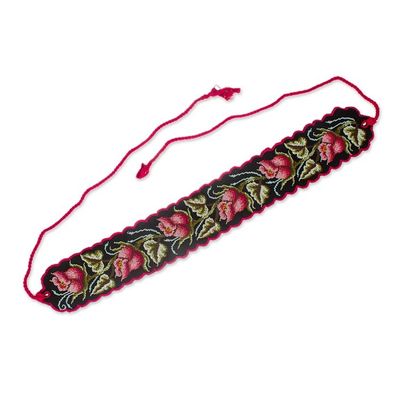 Alternate image for Spring-Themed Handwoven Ruby and Black Cotton Obi Wrap Belt Ruby Bloom