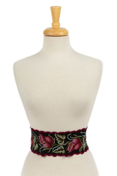 Alternate image for Spring-Themed Handwoven Ruby and Black Cotton Obi Wrap Belt Ruby Bloom