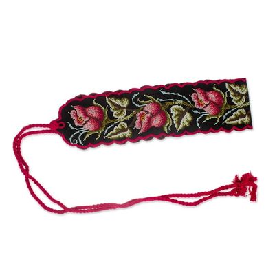 Alternate image for Spring-Themed Handwoven Ruby and Black Cotton Obi Wrap Belt Ruby Bloom