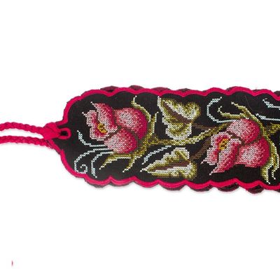 Alternate image for Spring-Themed Handwoven Ruby and Black Cotton Obi Wrap Belt Ruby Bloom
