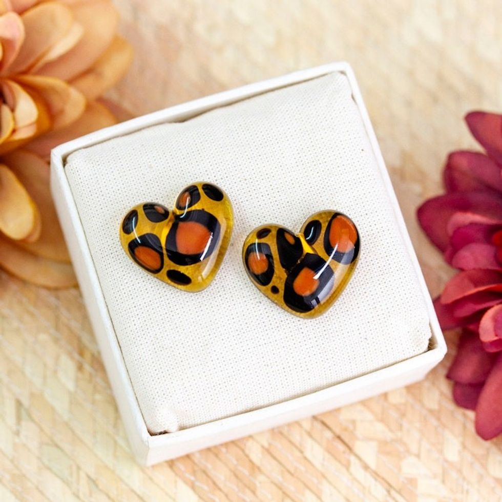 Art Glass Button Earrings with Animal Print and Heart Motif 'My Intriguing Love'