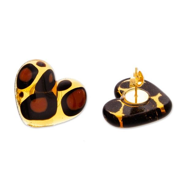 Alternate image for Art Glass Button Earrings with Animal Print and Heart Motif My Intriguing Love