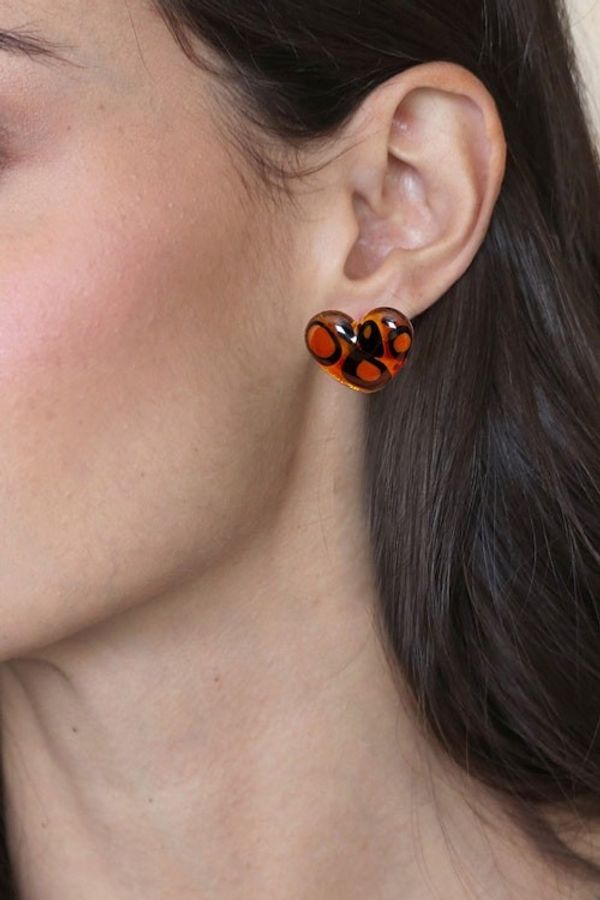 Alternate image for Art Glass Button Earrings with Animal Print and Heart Motif My Intriguing Love