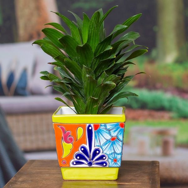 Alternate image for Talavera Chartreuse Ceramic Flower Pot Handcrafted in Mexico Hacienda Scenes in Chartreuse