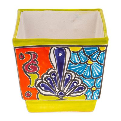 Alternate image for Talavera Chartreuse Ceramic Flower Pot Handcrafted in Mexico Hacienda Scenes in Chartreuse