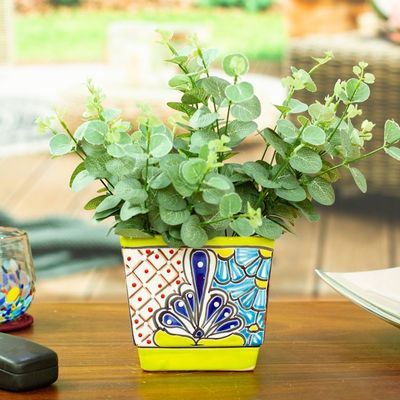 Alternate image for Talavera Chartreuse Ceramic Flower Pot Handcrafted in Mexico Hacienda Scenes in Chartreuse