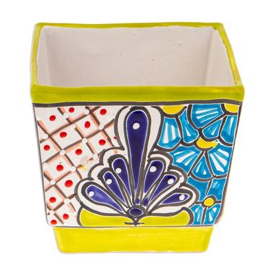 Alternate image for Talavera Chartreuse Ceramic Flower Pot Handcrafted in Mexico Hacienda Scenes in Chartreuse