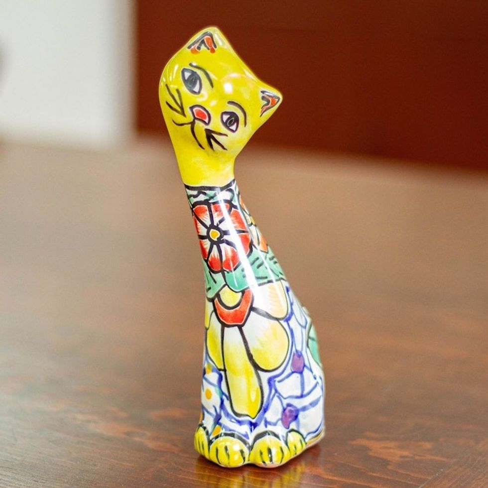 Talavera Style Yellow Floral Ceramic Cat Statuette 'Yellow Talavera Cat'