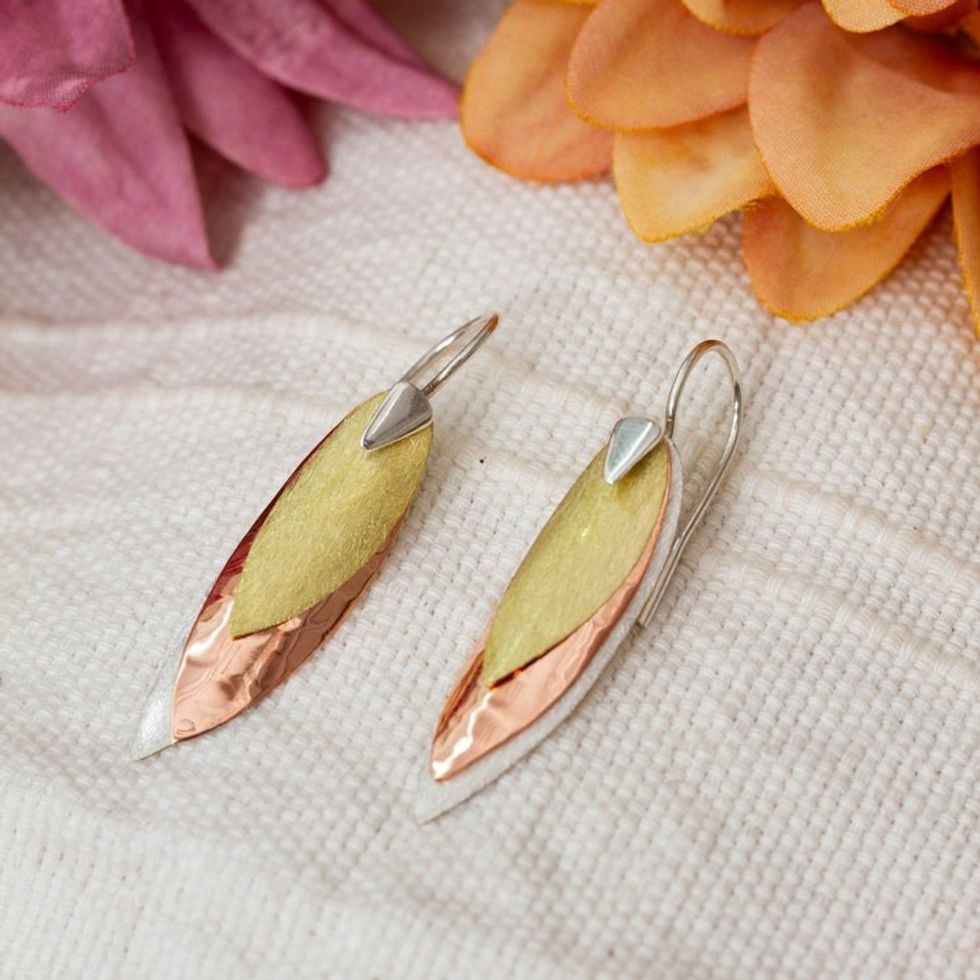Mexican Sterling Silver, Copper Brass Leaf Drop Earrings 'Nature's Enchantment'
