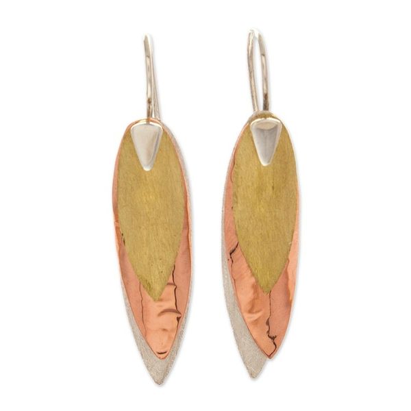 Alternate image for Mexican Sterling Silver, Copper Brass Leaf Drop Earrings Natures Enchantment