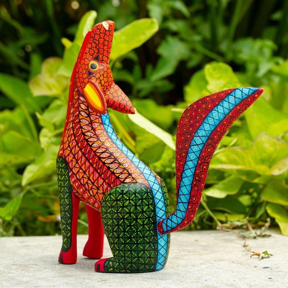 Hand-Painted Coyote-Themed Wooden Alebrije Sculpture 'Cool Coyote'