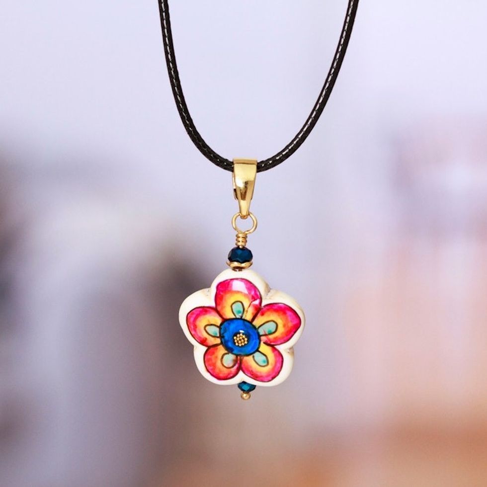 Gold-Accented Floral Howlite Pendant Necklace in Vibrant Hue 'Diversity Bloom'