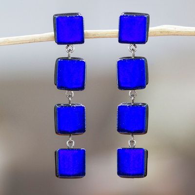 Alternate image for Fused Glass Dangle Earrings with Gold Accents in Royal Blue Dichroic Blue