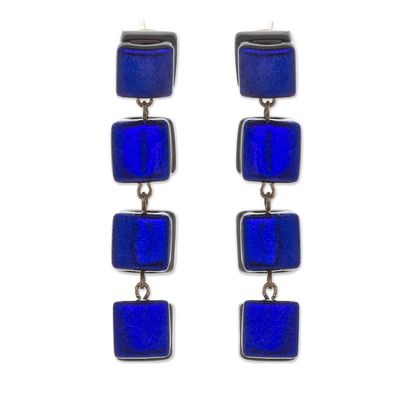 Alternate image for Fused Glass Dangle Earrings with Gold Accents in Royal Blue Dichroic Blue