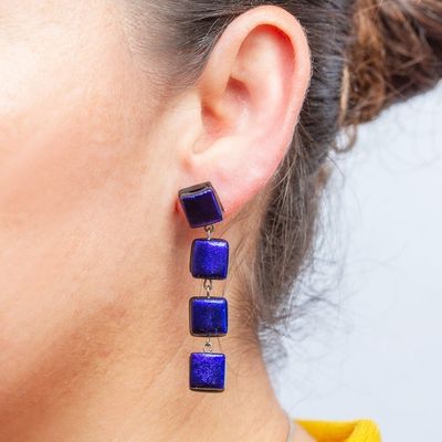 Alternate image for Fused Glass Dangle Earrings with Gold Accents in Royal Blue Dichroic Blue