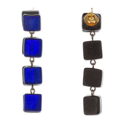 Alternate image for Fused Glass Dangle Earrings with Gold Accents in Royal Blue Dichroic Blue