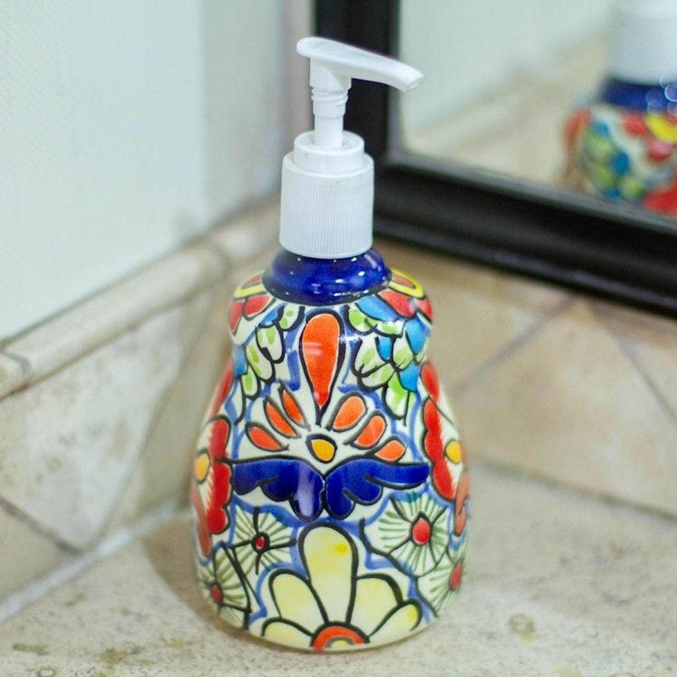 Handmade Talavera-Style Soap Dispenser 'Talavera Flowers'