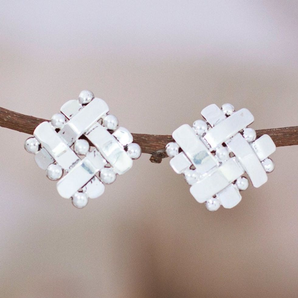 Polished Taxco Sterling Silver Button Earrings from Mexico 'Braided Gala'