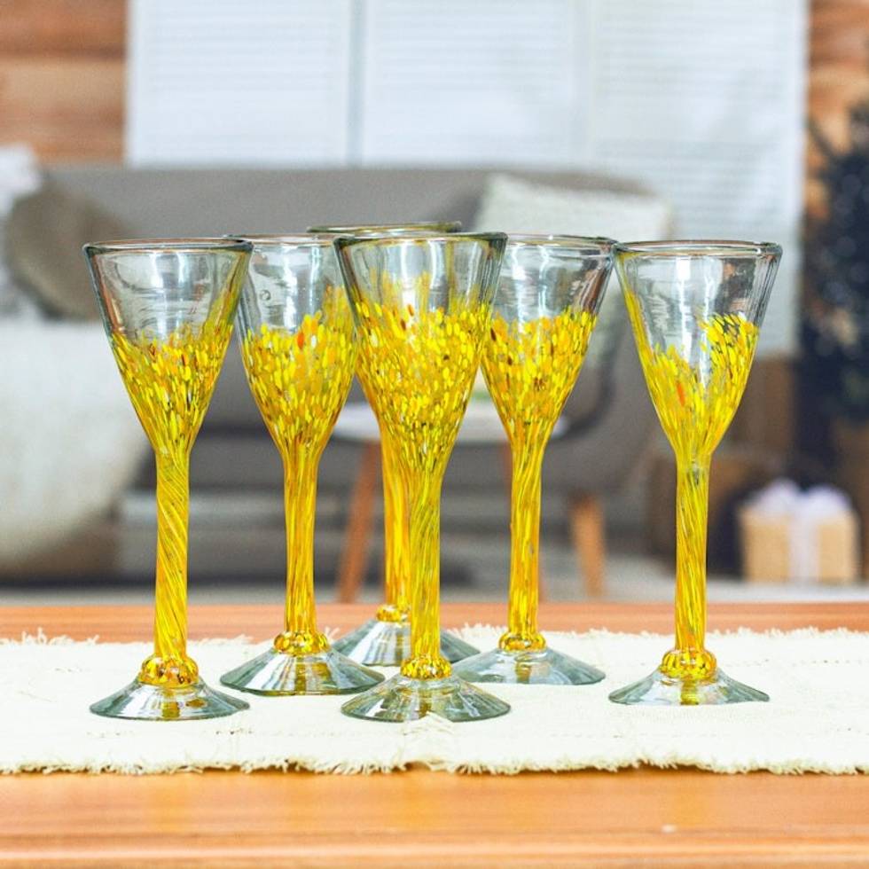 Set of 6 Handblown Recycled Glass Champagne Flutes in Yellow 'Yellow Strokes'