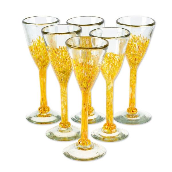Alternate image for Set of 6 Handblown Recycled Glass Champagne Flutes in Yellow Yellow Strokes