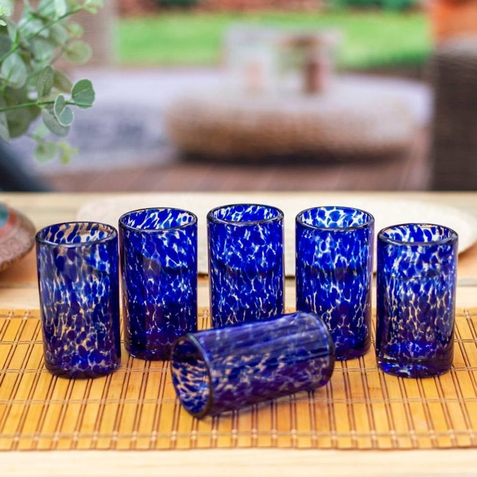 Handmade Handblown Recycled Juice Glasses Set of 6 'Marine'