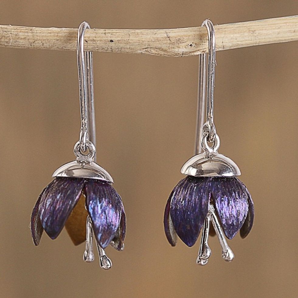 Floral Titanium Plated Sterling Silver Dangle Earrings 'Button Flowers'