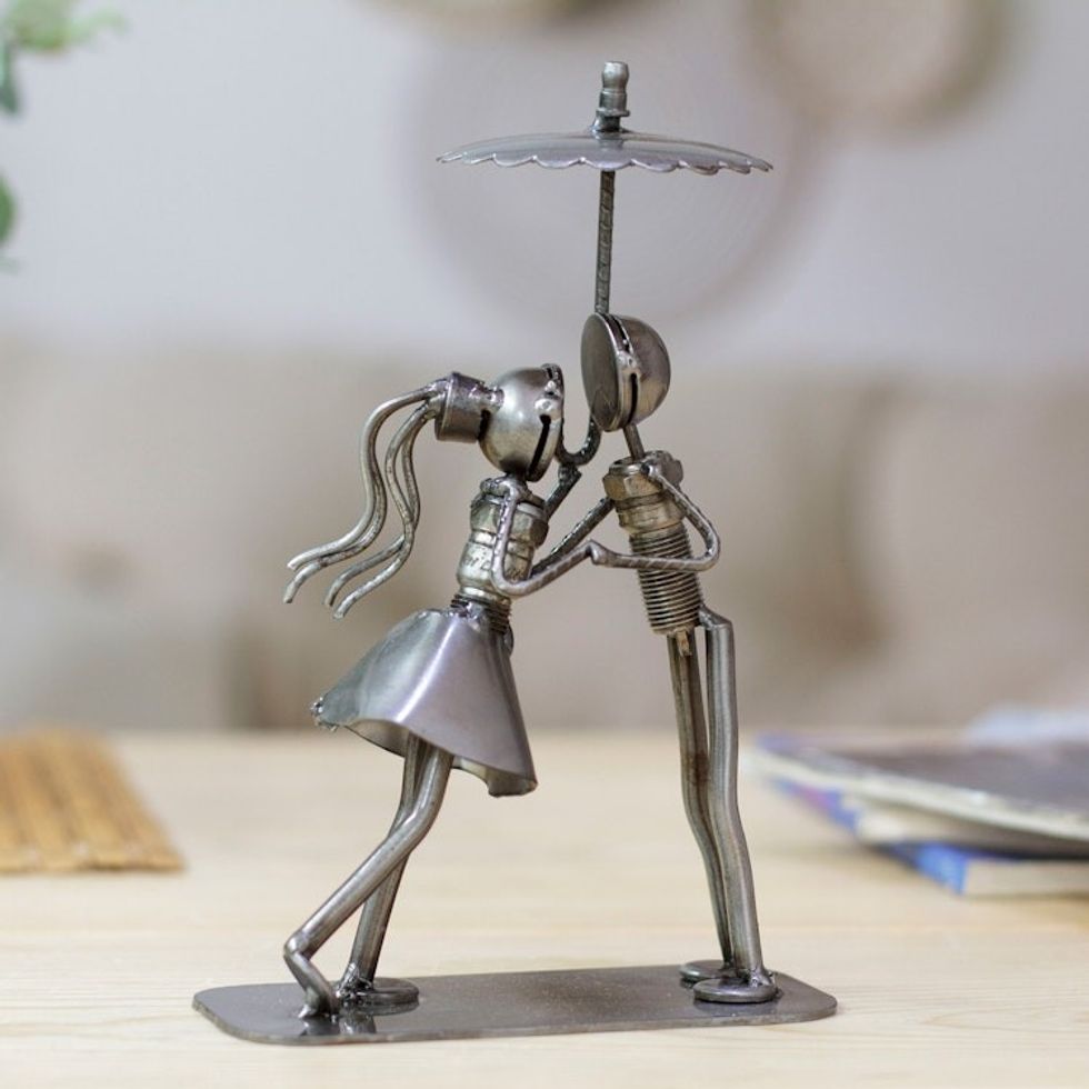 Handmade Eco-Friendly Romantic Upcycled Auto Part Sculpture 'In love Under the Rain'