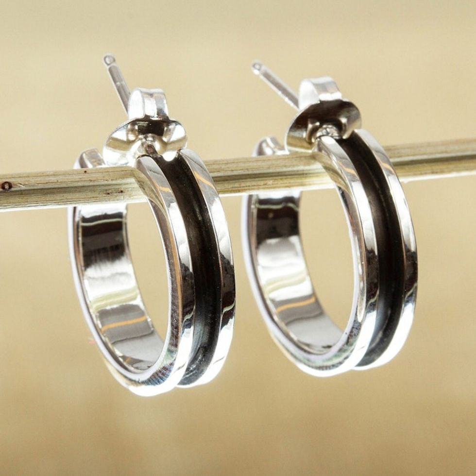 Polished and Oxidized 950 Silver Half-Hoop Earrings 'Wheels Up'
