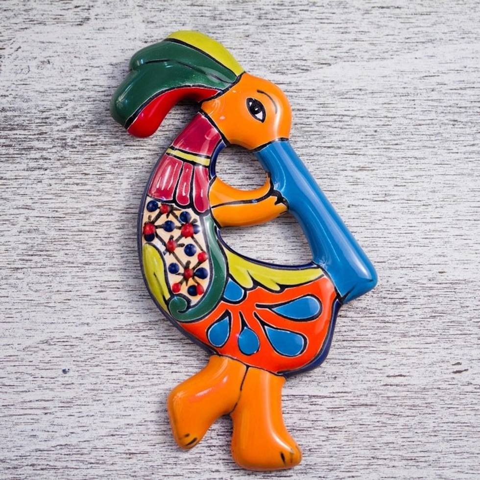 Talavera-Style Ceramic Kokopelli Wall Sculpture from Mexico 'Cute Kokopelli'