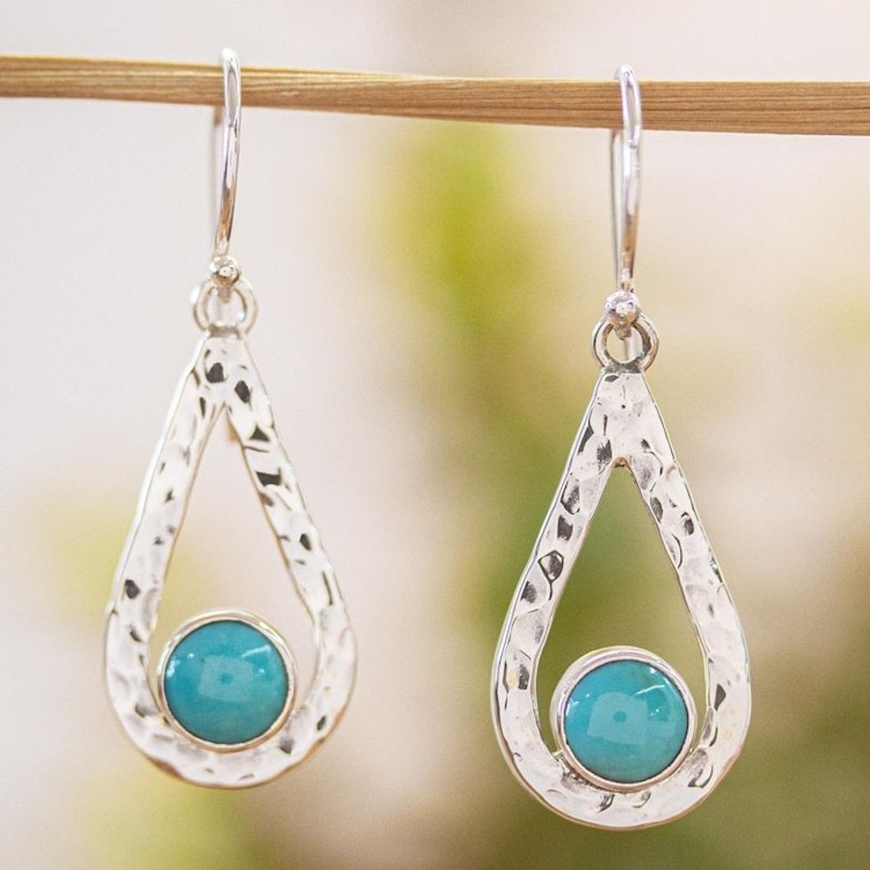 Handcrafted Textured Taxco Silver Natural Turquoise Earrings 'Luminous Rain'