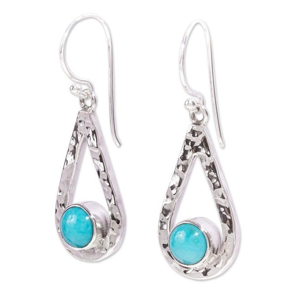 Alternate image for Handcrafted Textured Taxco Silver Natural Turquoise Earrings Luminous Rain