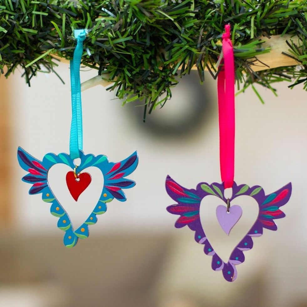 Pair of Hand-Painted Winged Heart Themed Wood Ornaments 'Winged Heart'